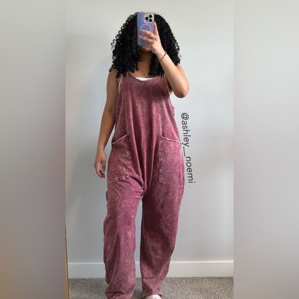 NEW ZENANA Burgundy Acid Wash Onesie Jumpsuit - Picture 2 of 8